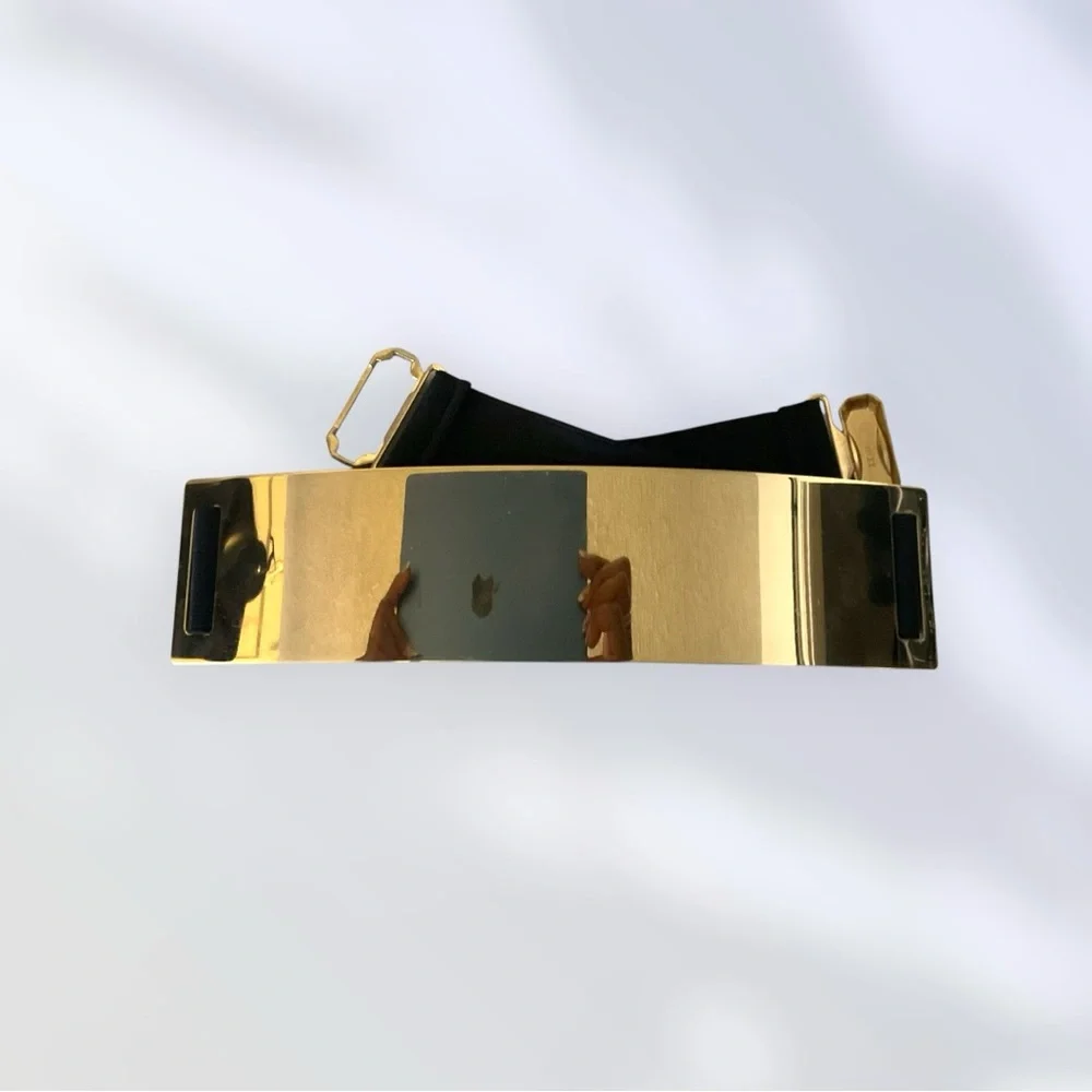 Black Stretch Gold Metal‎ Plated Belt Moto Mod Retro